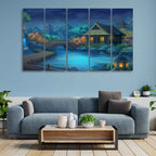 Beautiful Japanese Courtyard at Night Canvas Wall Painting of Five Pieces