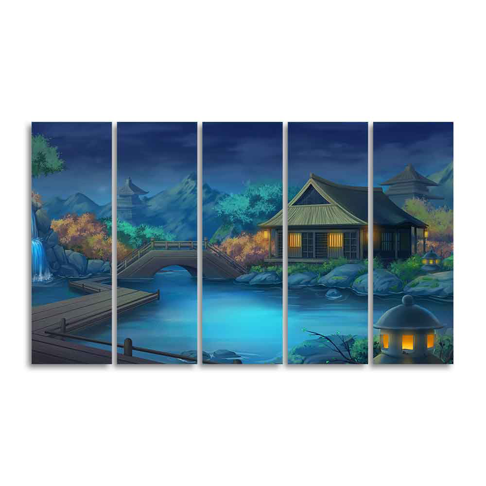 Beautiful Japanese Courtyard at Night Canvas Wall Painting of Five Pieces