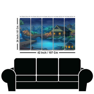 Beautiful Japanese Courtyard at Night Canvas Wall Painting of Five Pieces