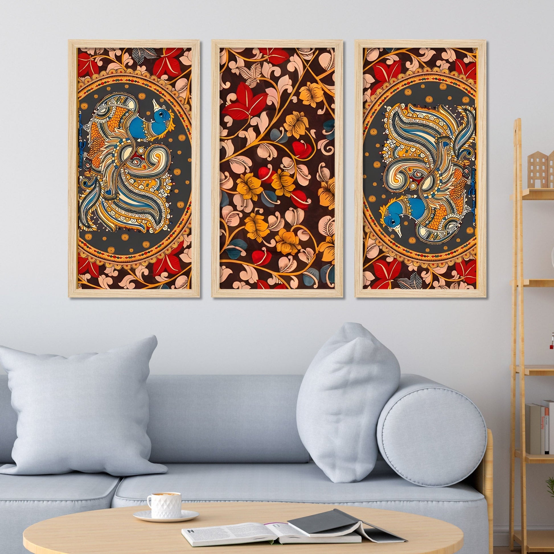 Beautiful Kalamkari Floral Art Wooden Wall Frame Set of Three