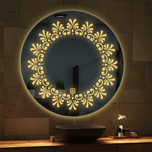 Beautiful Leaf Patten Art LED Rounded Shape Bathroom Wall Mirror