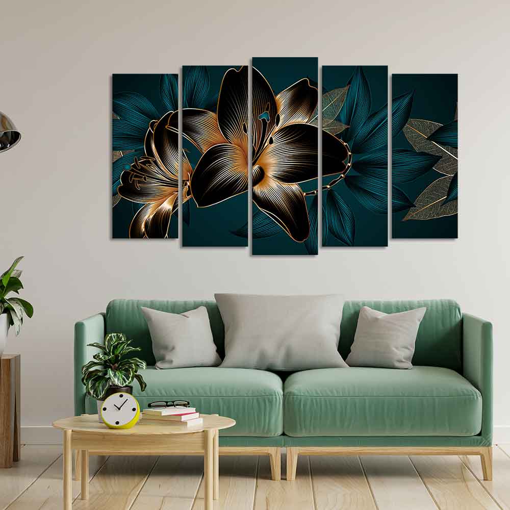 Beautiful Lilies Flowers Canvas Wall Painting Set of Five Pieces