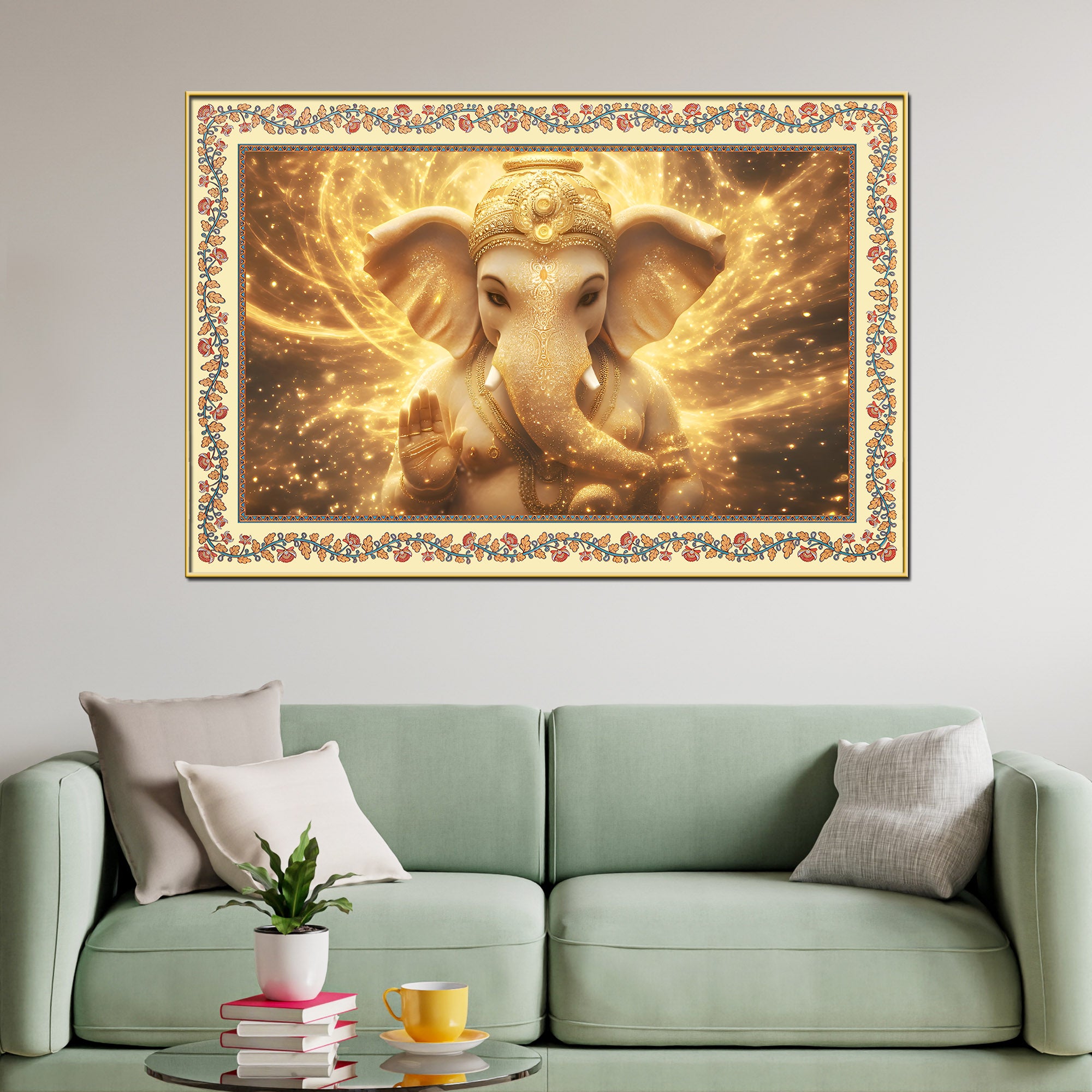 Beautiful Lord Ganesha in Lighting Floral Border Canvas Wall Painting