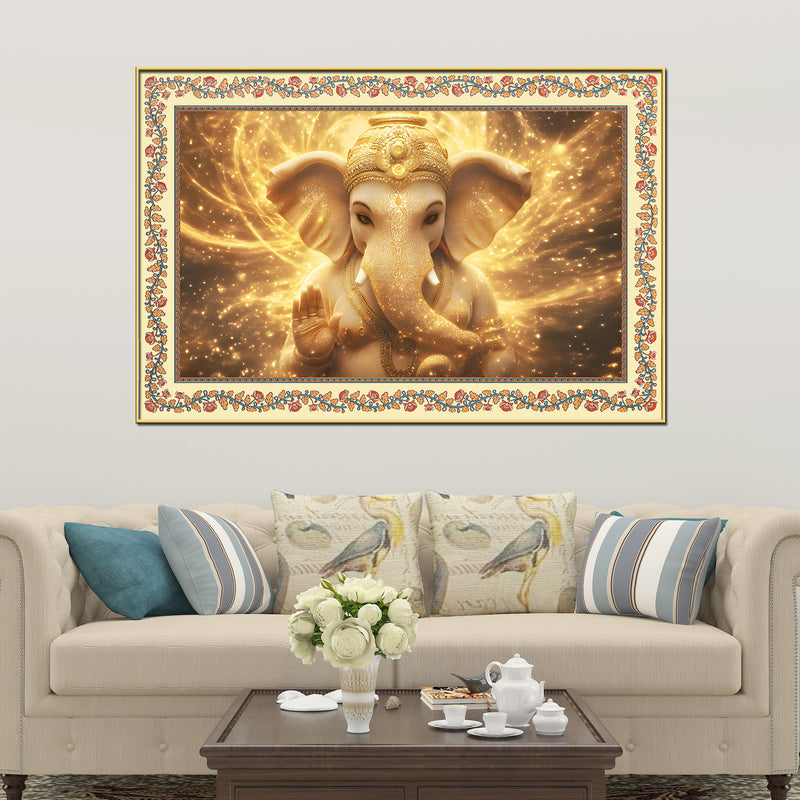 Beautiful Lord Ganesha in Lighting Floral Border Canvas Wall Painting