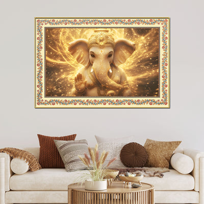 Beautiful Lord Ganesha in Lighting Floral Border Canvas Wall Painting