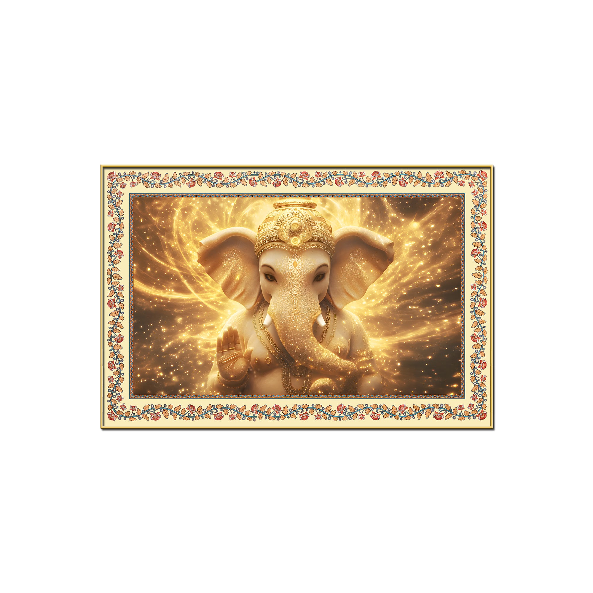 Beautiful Lord Ganesha in Lighting Floral Border Canvas Wall Painting