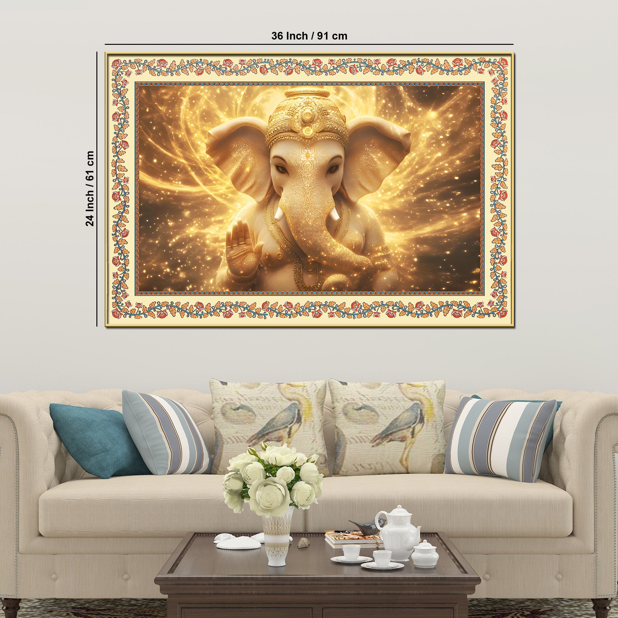 Beautiful Lord Ganesha in Lighting Floral Border Canvas Wall Painting