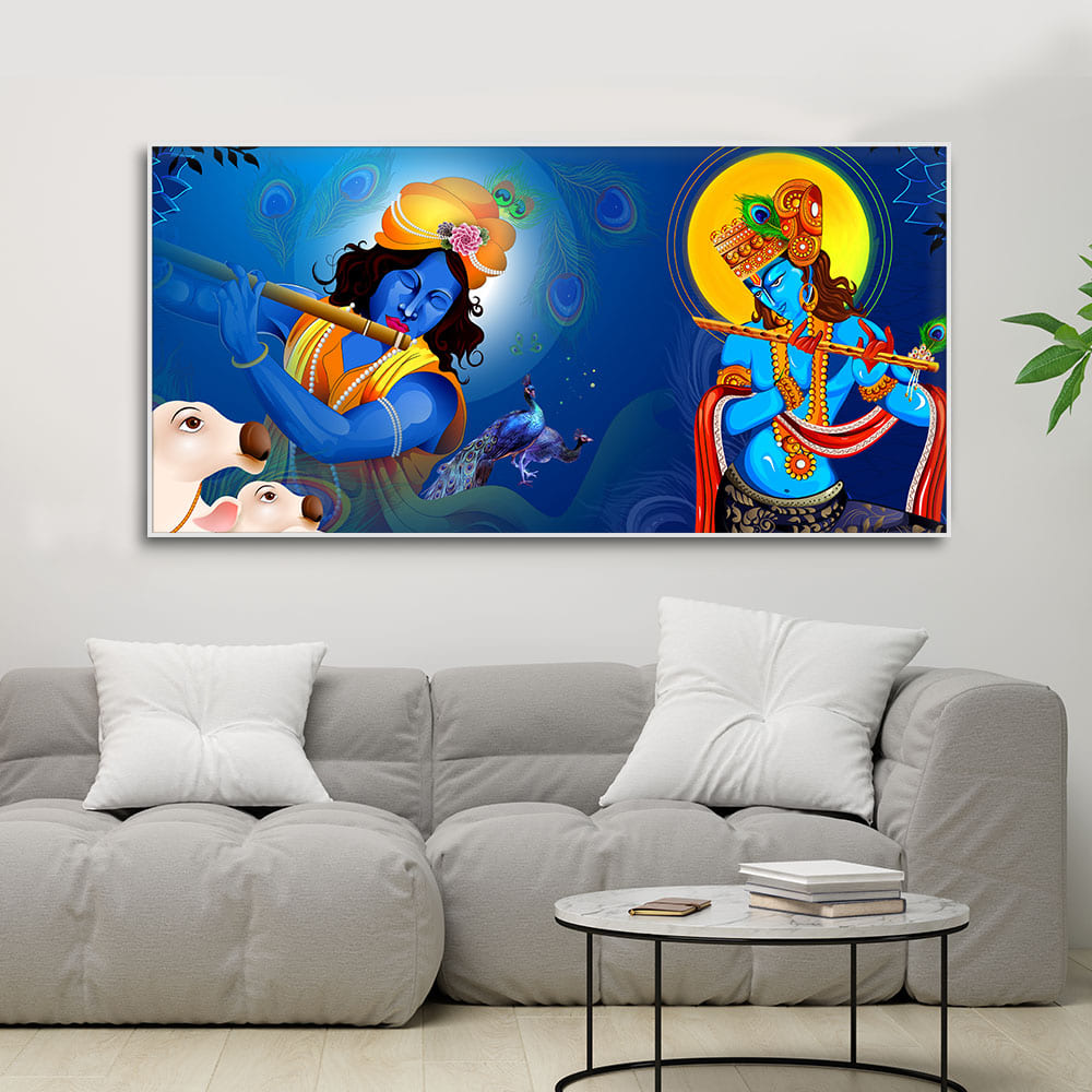 Beautiful Lord Krishna Playing with Flute Premium Canvas Wall Painting