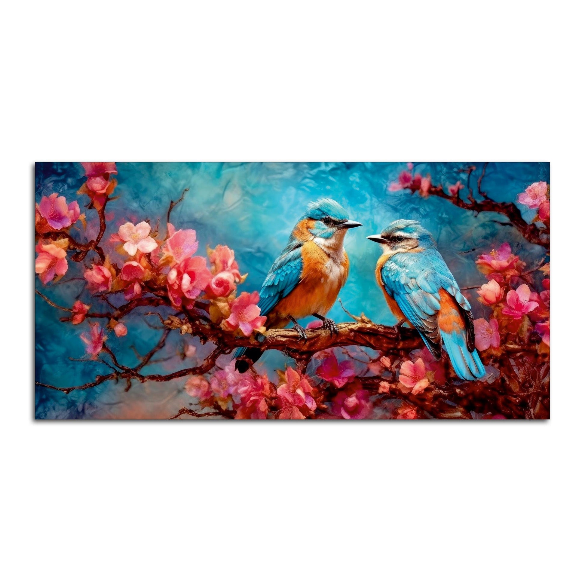 Beautiful Love Birds on a Branch with Pink Flowers Canvas Wall Painting