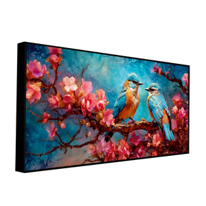 Beautiful Love Birds on a Branch with Pink Flowers Canvas Wall Painting