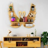 Beautiful Loving Swan Backlit Designer Wooden Wall Shelf / Book Shelf / Night Light, Light Oak Finish