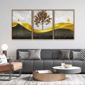 Beautiful Luxury Modern Art of Trees and Deer Floating Canvas Wall Painting Set of Three