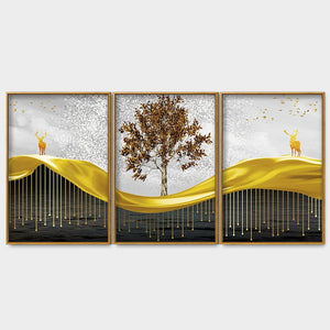 Beautiful Luxury Modern Art of Trees and Deer Floating Canvas Wall Painting Set of Three