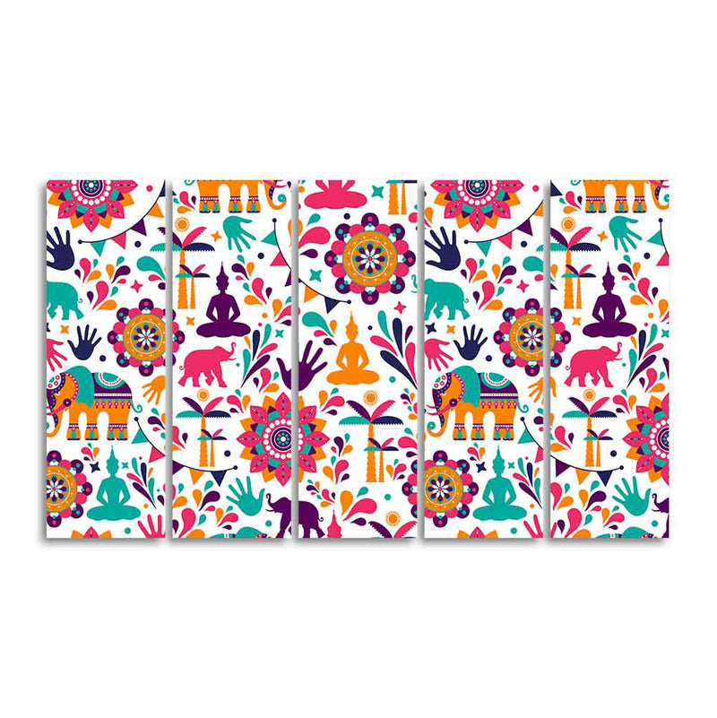 Beautiful Madhubani Art Canvas Wall Painting Set of Five
