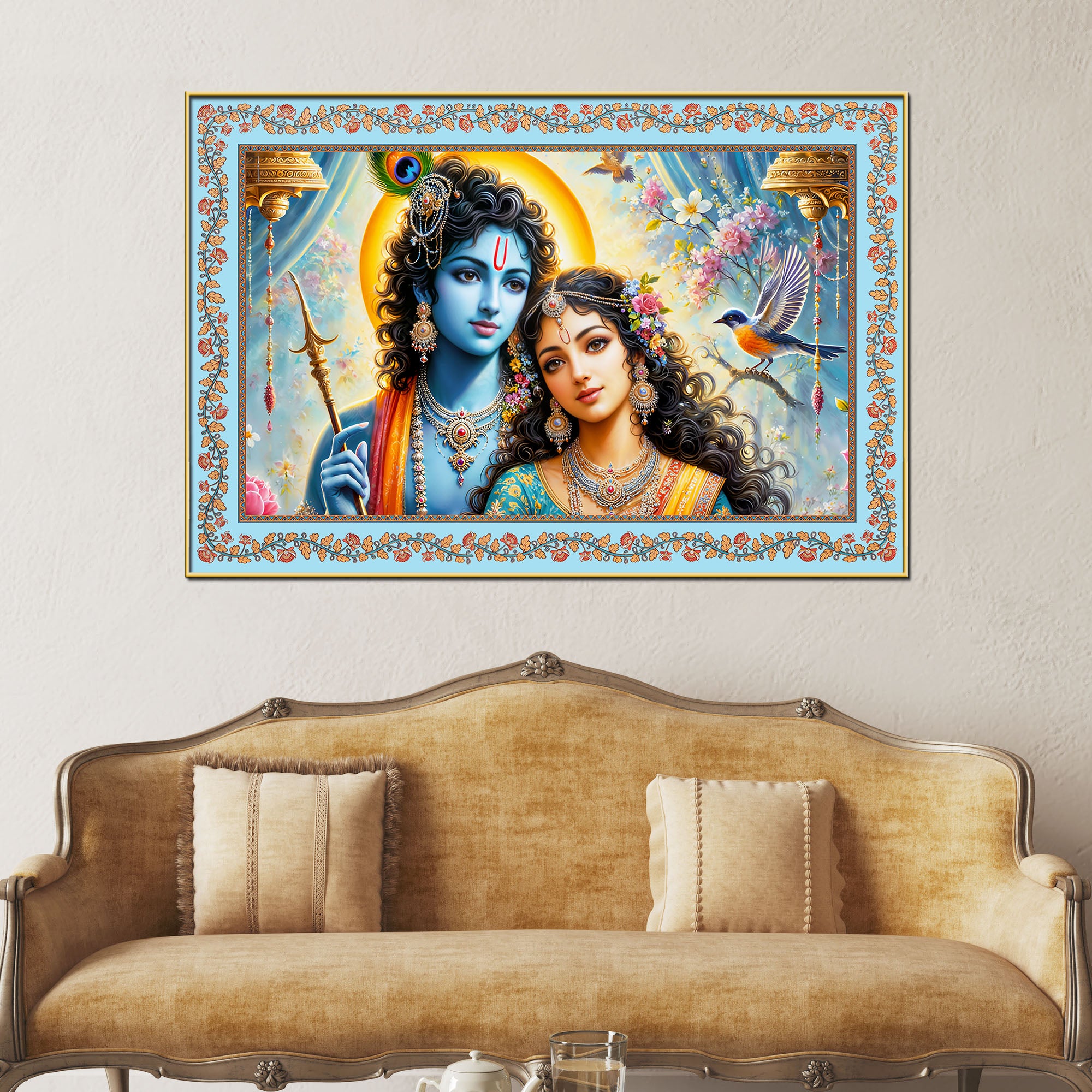 Beautiful Modern Art Radha Krishna Floral Border Canvas Wall Painting
