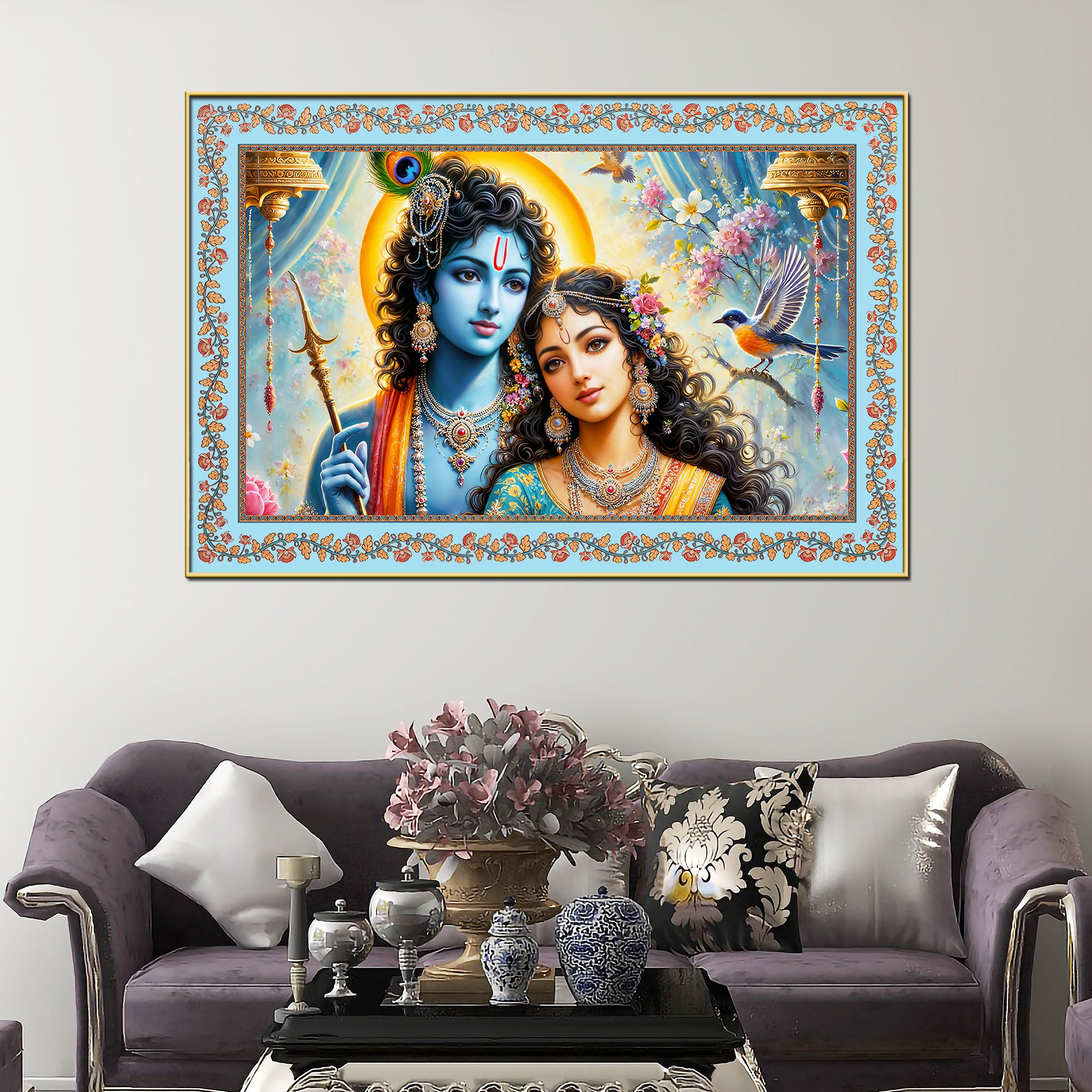 Beautiful Modern Art Radha Krishna Floral Border Canvas Wall Painting