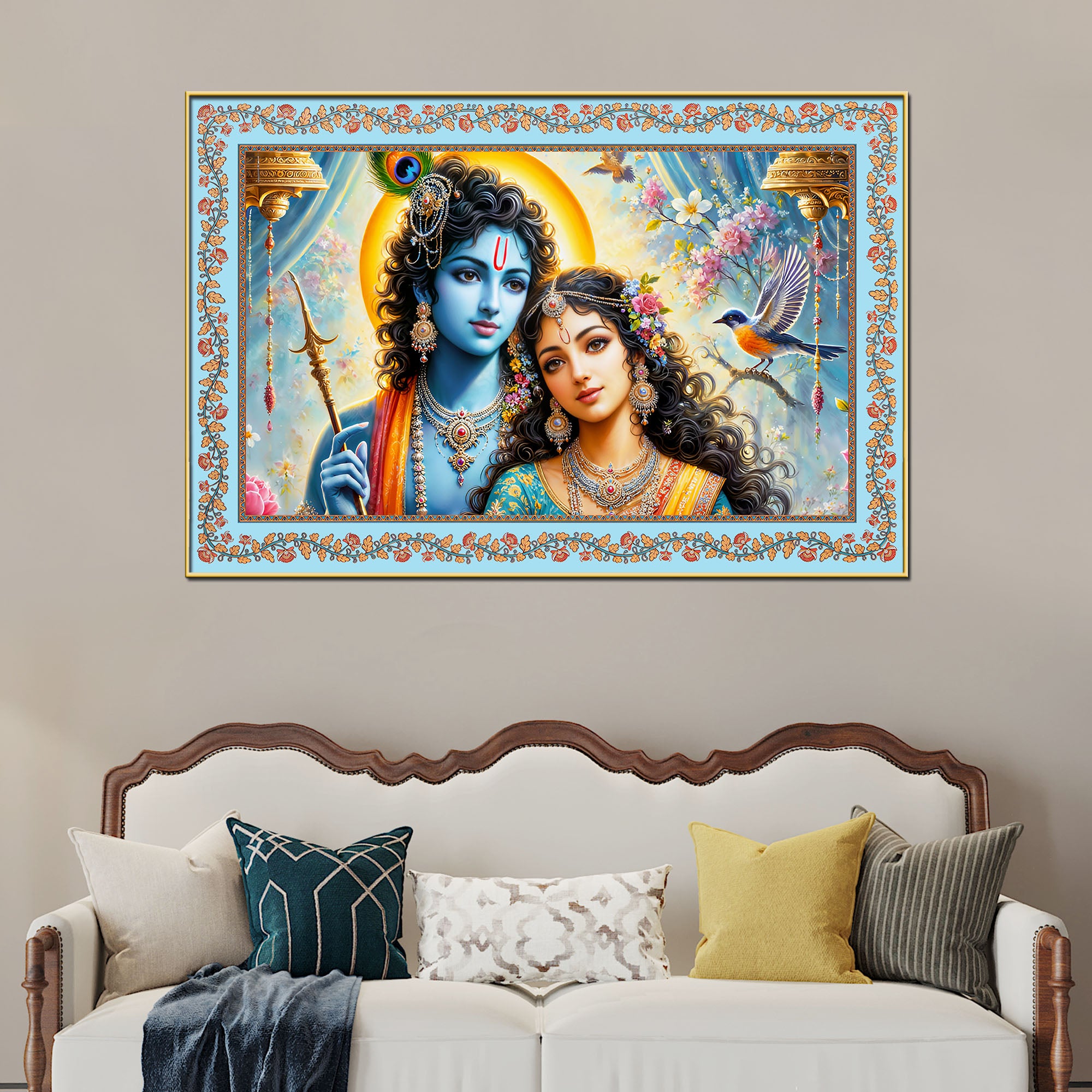 Beautiful Modern Art Radha Krishna Floral Border Canvas Wall Painting