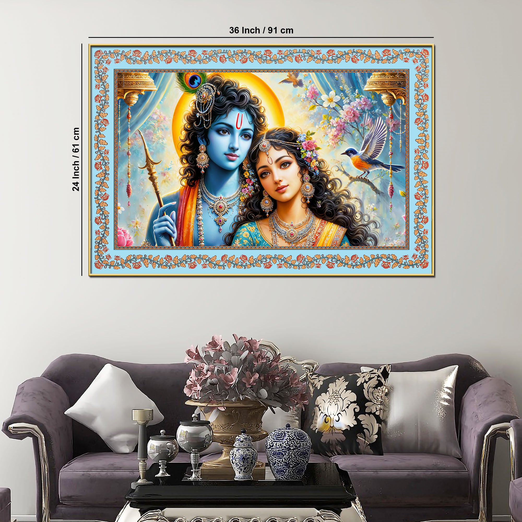 Beautiful Modern Art Radha Krishna Floral Border Canvas Wall Painting