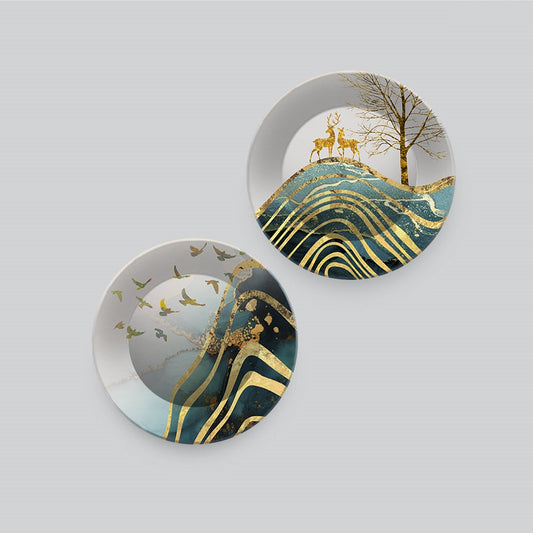 Beautiful Modern Art Scenery with Golden Deer Wall Hanging Plates of Two Pieces