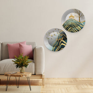 Beautiful Modern Art Scenery with Golden Deer Wall Hanging Plates of Two Pieces