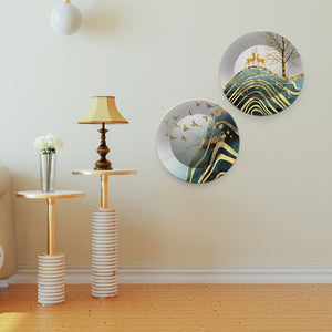 Beautiful Modern Art Scenery with Golden Deer Wall Hanging Plates of Two Pieces