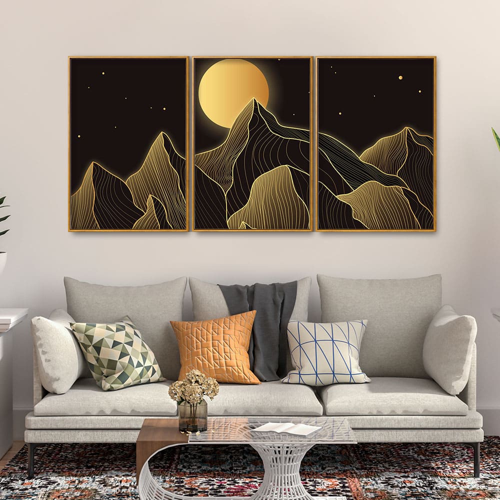 Beautiful Moon and Golden Mountains Floating Canvas Wall Painting Set of Three