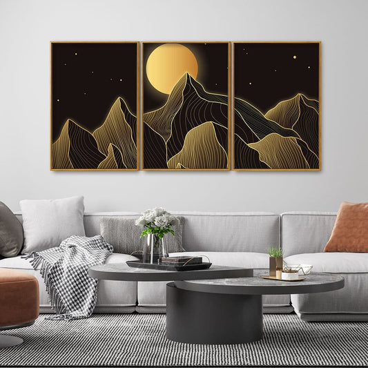 Beautiful Moon and Golden Mountains Floating Canvas Wall Painting Set of Three