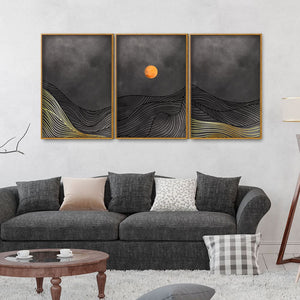 Beautiful Moon and Golden Mountains Line Art Floating Canvas Wall Painting Set of Three