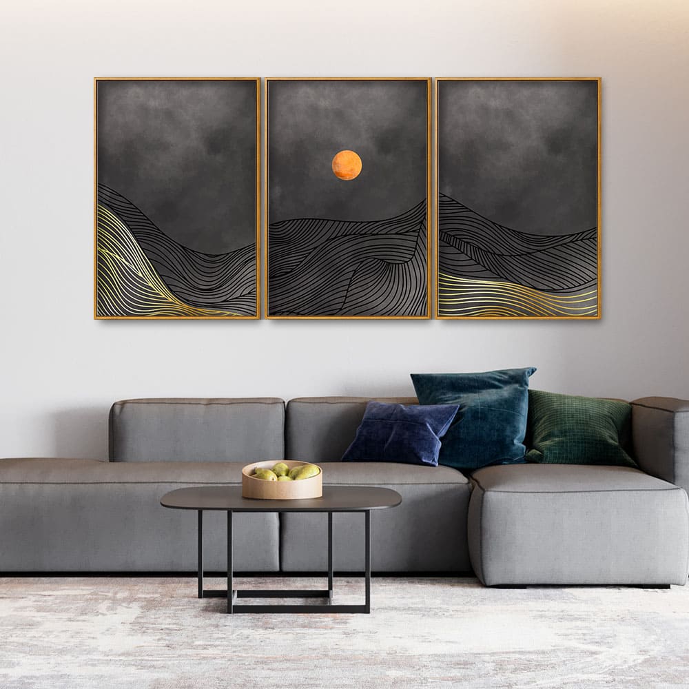 Beautiful Moon and Golden Mountains Line Art Floating Canvas Wall Painting Set of Three