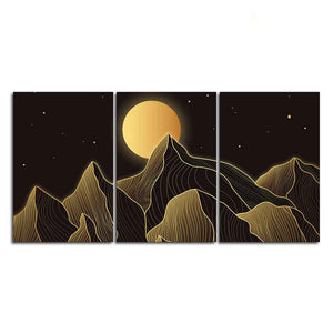 Beautiful Moon and Golden Mountains Wall Painting of 3 Pieces