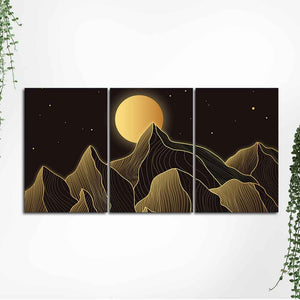 Beautiful Moon and Golden Mountains Wall Painting of 3 Pieces