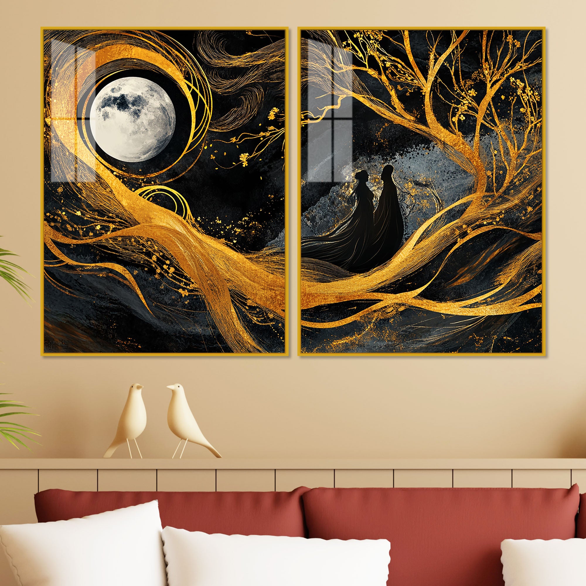 Beautiful Moon Textured Abstract Acrylic Art Floating Wall Painting Set of 2