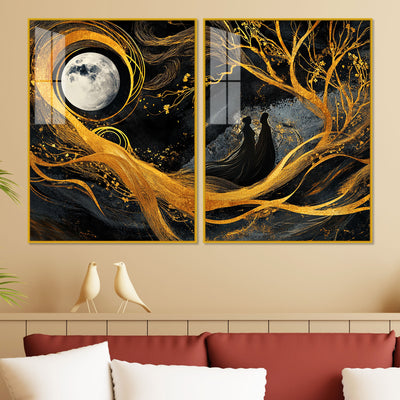 Beautiful Moon Textured Abstract Acrylic Art Floating Wall Painting Set of 2