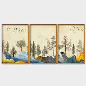 Beautiful Mountain Landscape with Trees Premium Floating Canvas Wall Painting Set of Three