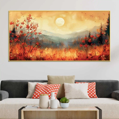 Beautiful Mountain Sunset and Wildflowers Abstract Canvas Wall Painting