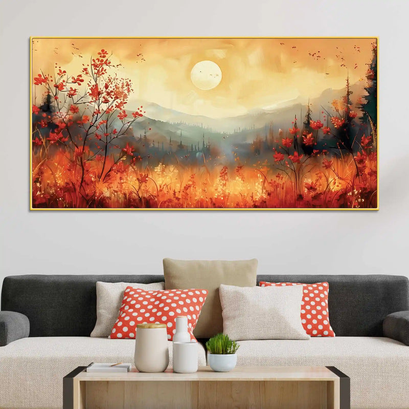 Beautiful Mountain Sunset and Wildflowers Abstract Canvas Wall Painting
