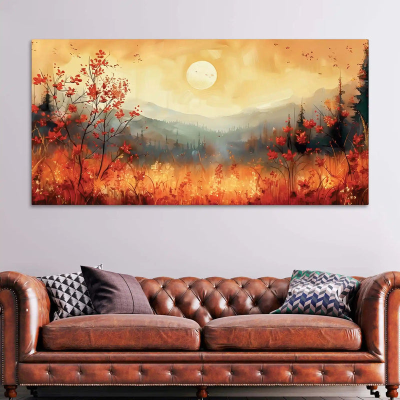 Beautiful Mountain Sunset and Wildflowers Abstract Canvas Wall Painting