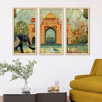 Beautiful Mughal Garden with Elephants Peacocks Art Wooden Wall Frame Set of Three