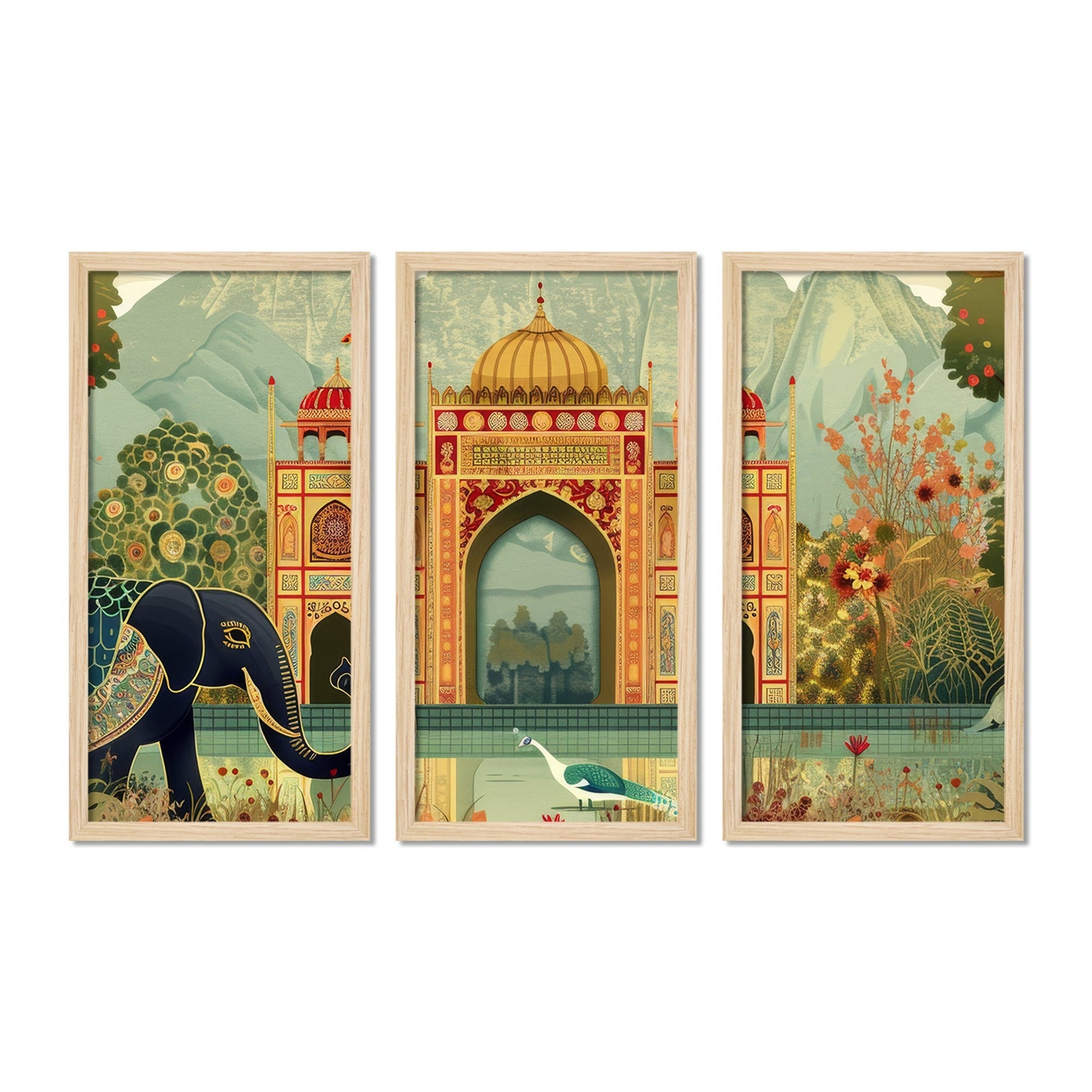 Beautiful Mughal Garden with Elephants Peacocks Art Wooden Wall Frame Set of Three