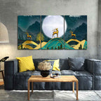 Beautiful Night Landscape Golden Deer Wall Painting of Three Pieces