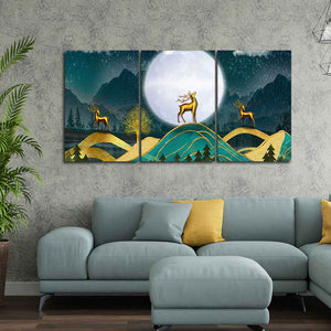 Beautiful Night Landscape Golden Deer Wall Painting of Three Pieces