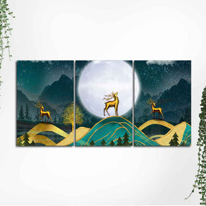 Beautiful Night Landscape Golden Deer Wall Painting of Three Pieces