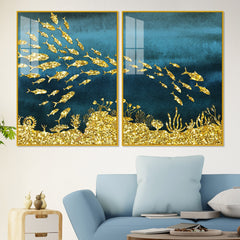 Beautiful Ocean View of Golden Fish Pattern Acrylic Floating Wall Painting Set Of 2