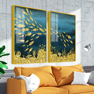 Beautiful Ocean View of Golden Fish Pattern Acrylic Floating Wall Painting Set Of 2