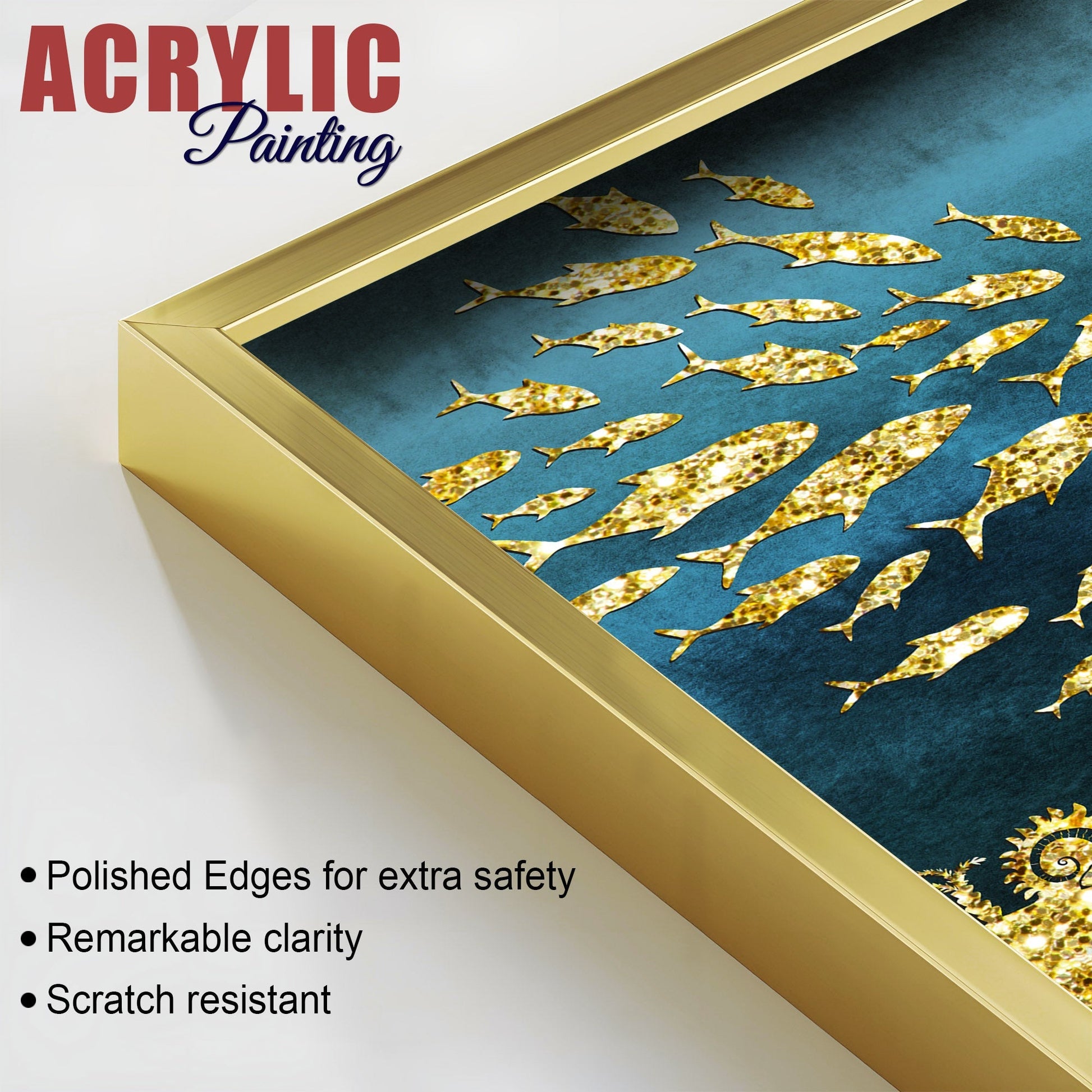 Beautiful Ocean View of Golden Fish Pattern Acrylic Floating Wall Painting Set Of 2