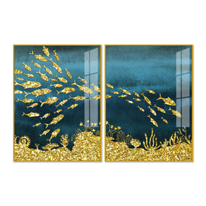 Beautiful Ocean View of Golden Fish Pattern Acrylic Floating Wall Painting Set Of 2