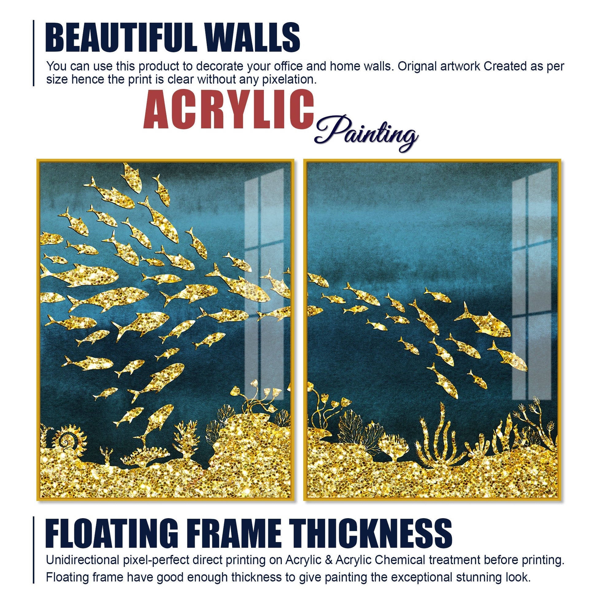 Beautiful Ocean View of Golden Fish Pattern Acrylic Floating Wall Painting Set Of 2