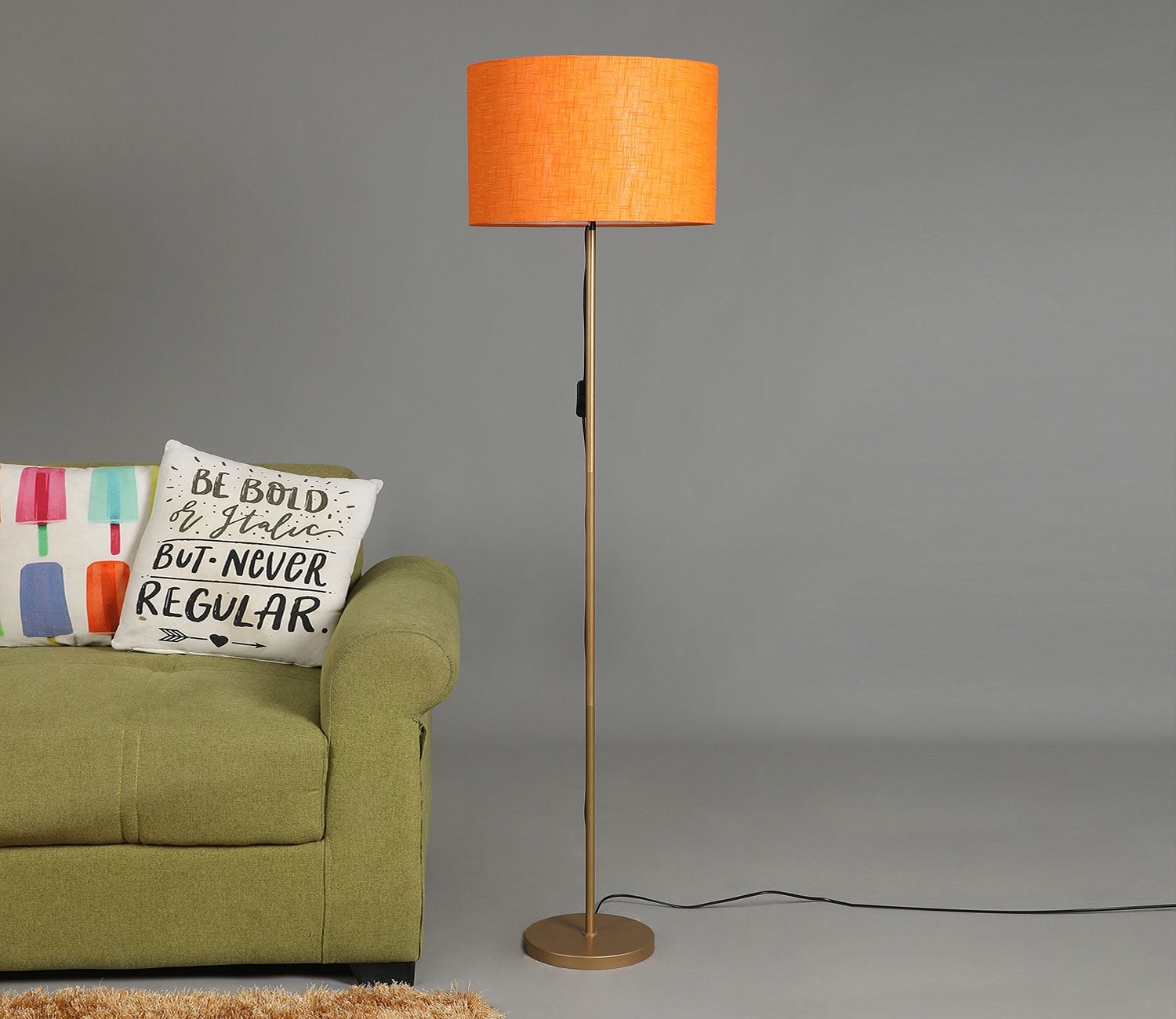 Beautiful Orange Color Metal Floor Lamp with Golden Base and Oval Shade