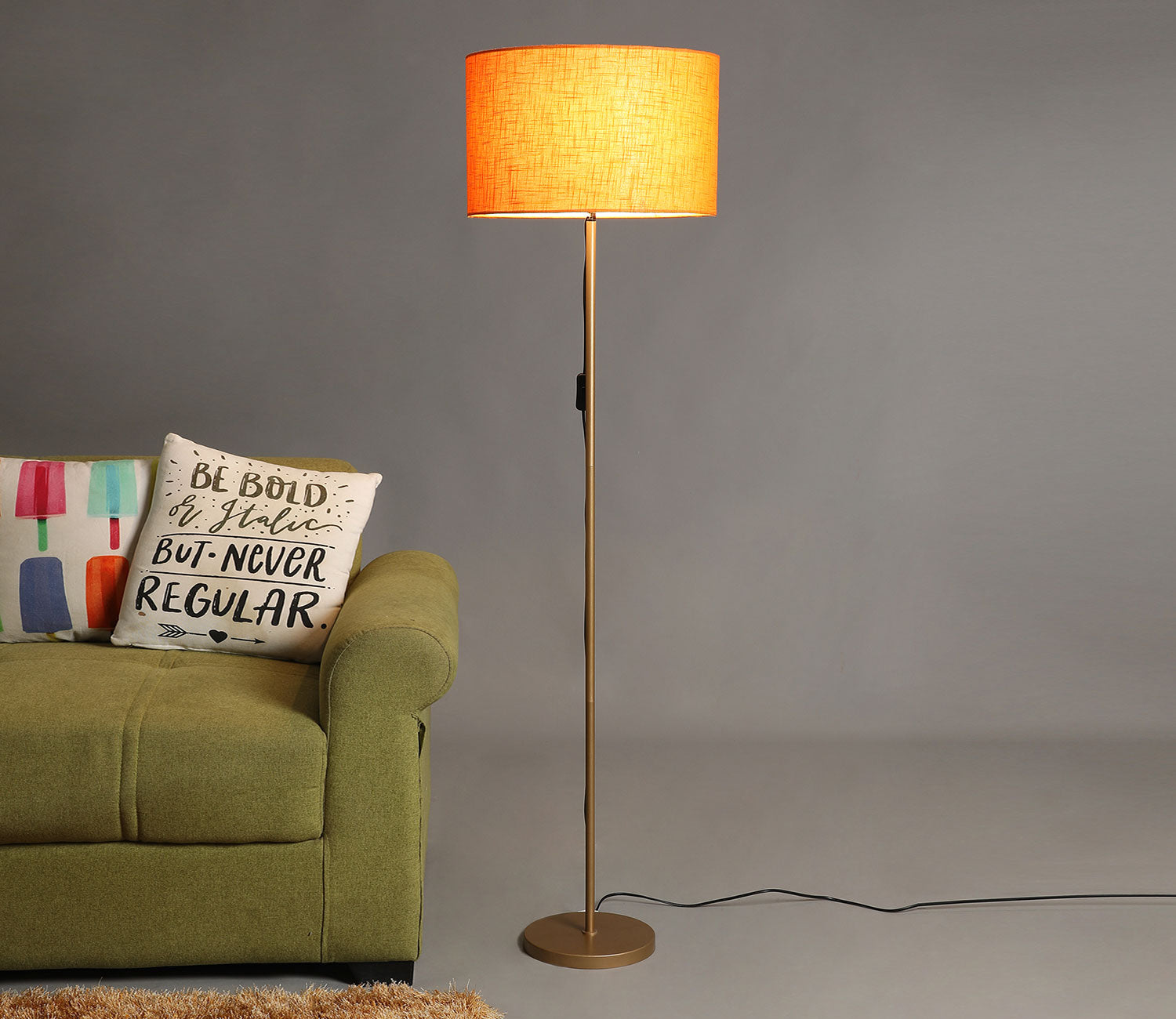 Beautiful Orange Color Metal Floor Lamp with Golden Base and Oval Shade