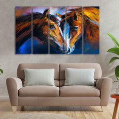 Beautiful Pair of Horses Five Pieces Wall Painting